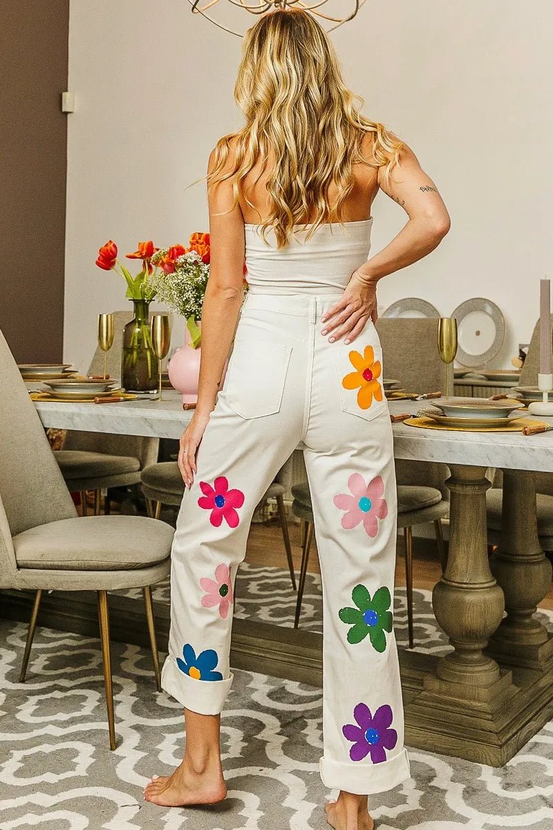 BiBi Flower Print Straight Legs Pants for Chic Style - Love Salve