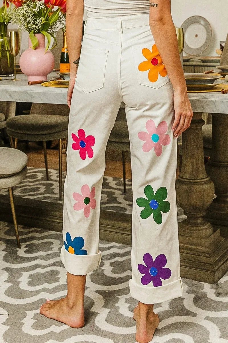 BiBi Flower Print Straight Legs Pants for Chic Style - Love Salve