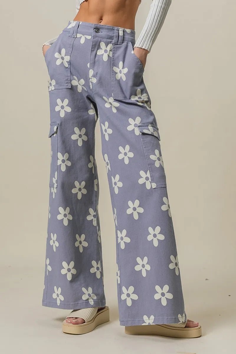 BiBi Flower Printed Side Pocket Wide Pants for Women - Love Salve
