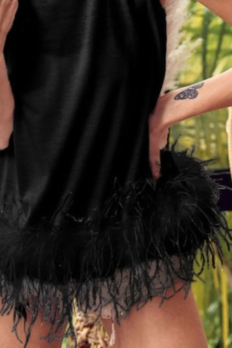 BiBi French Terry Faux Feather Bottom Back Tied Top - Love Salve