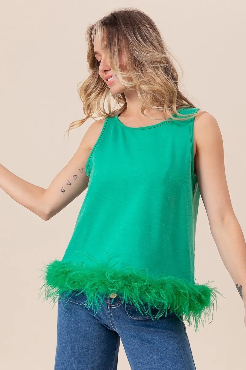 BiBi French Terry Faux Feather Bottom Back Tied Top Fashion - Love Salve
