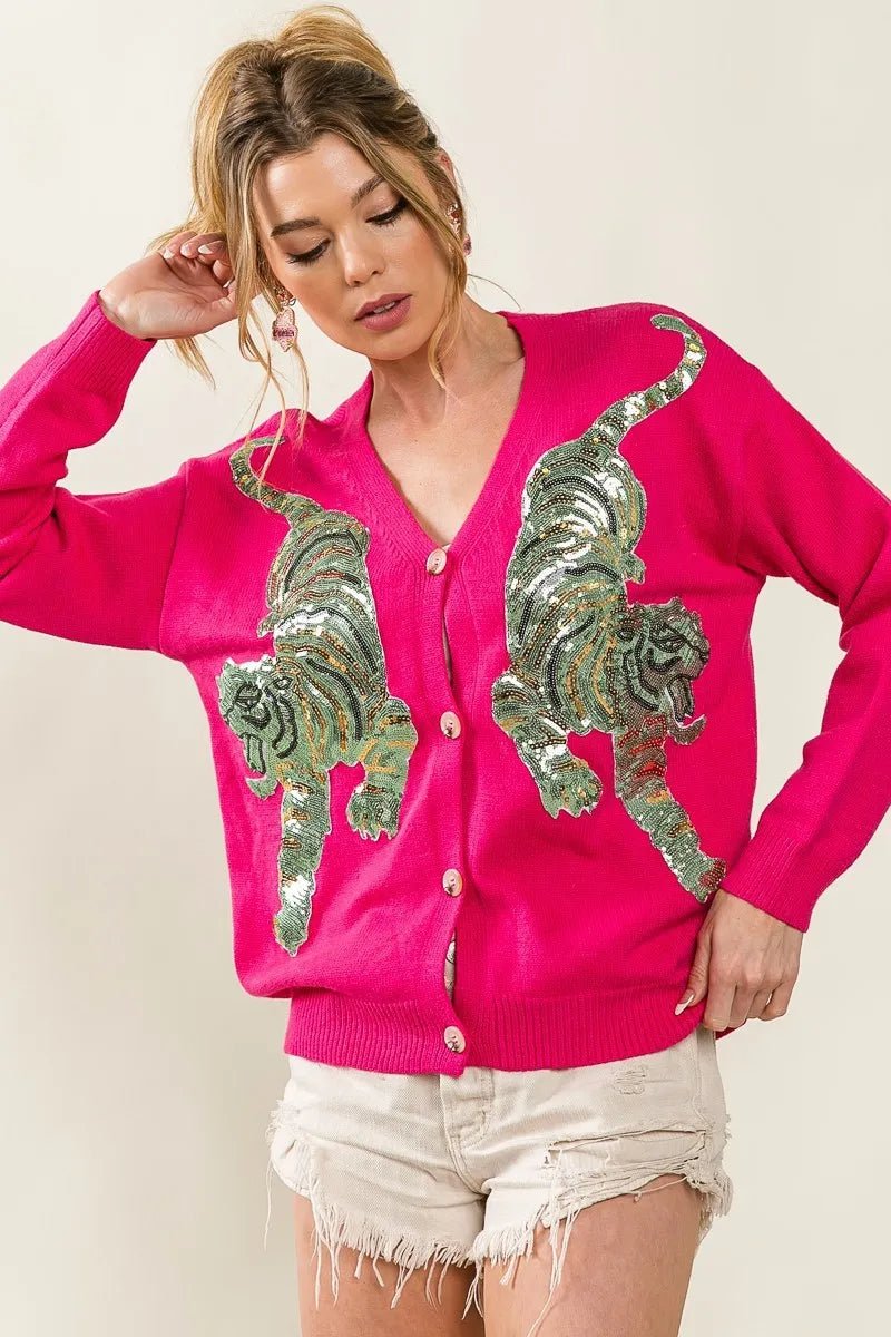 BiBi Front Tiger Sequin Patch V - neck Sweater Cardigan - Love Salve
