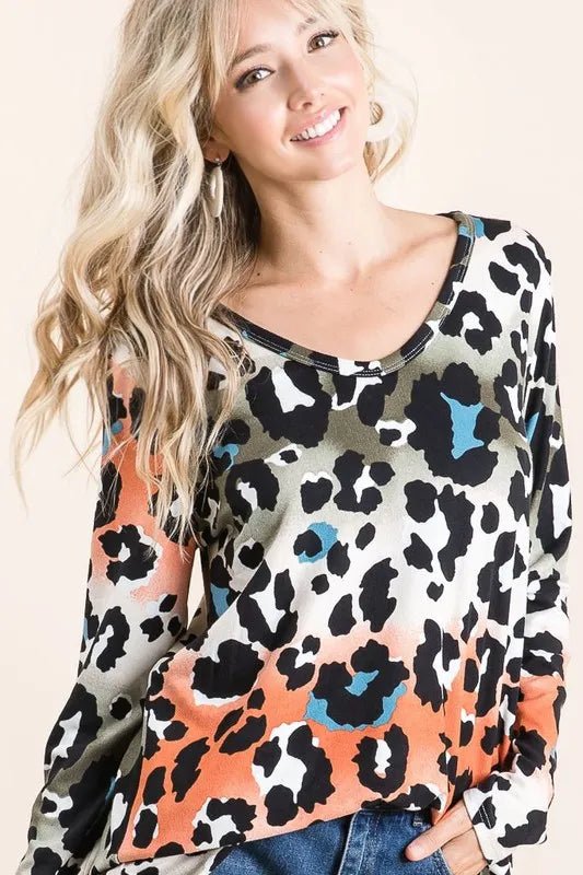 BiBi Gradation Leopard Print Soft Knit Deep U Neck Top - Love Salve