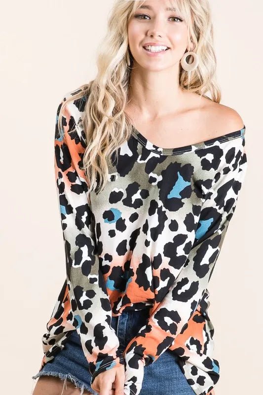 BiBi Gradation Leopard Print Soft Knit Deep U Neck Top - Love Salve