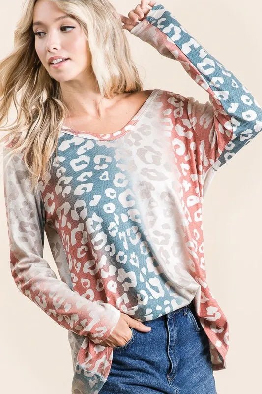 BiBi Gradation Leopard Print Textured Knit Top - Love Salve