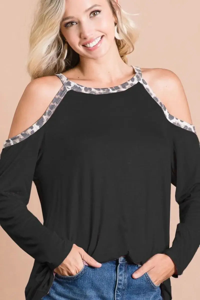 BiBi Jersey Knit Cold Shoulder Top with Leopard Neck - Love Salve