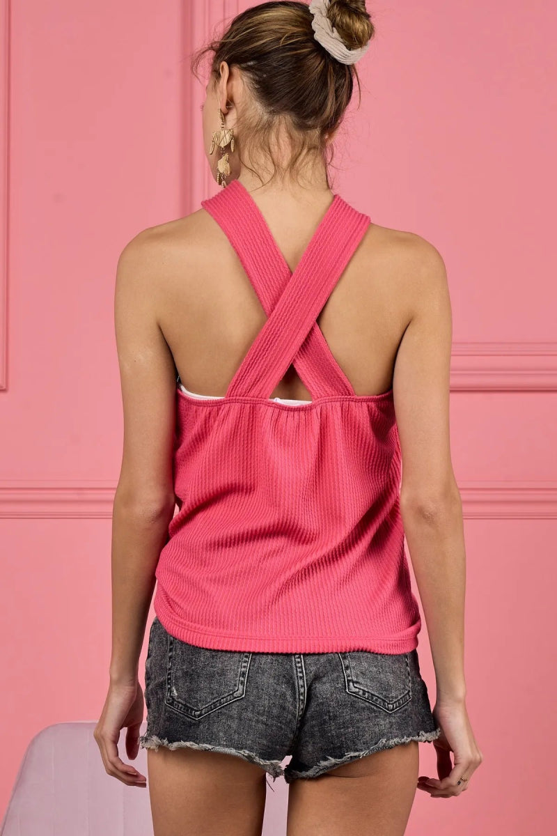 BiBi Lace Knit With Cut Out And Cross Neck Banded Top - Love Salve