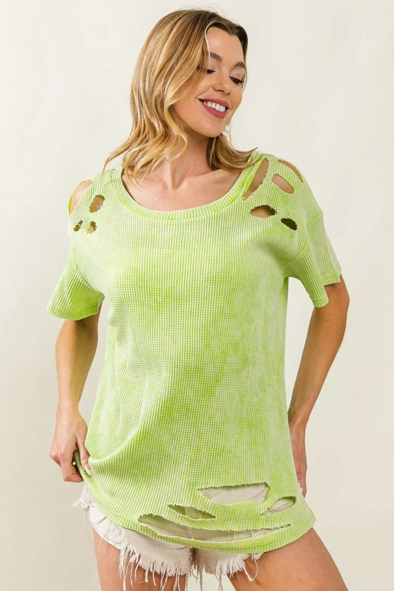BiBi Laser Cut Mineral Washed Loose Fit Thermal Top for Women - Love Salve