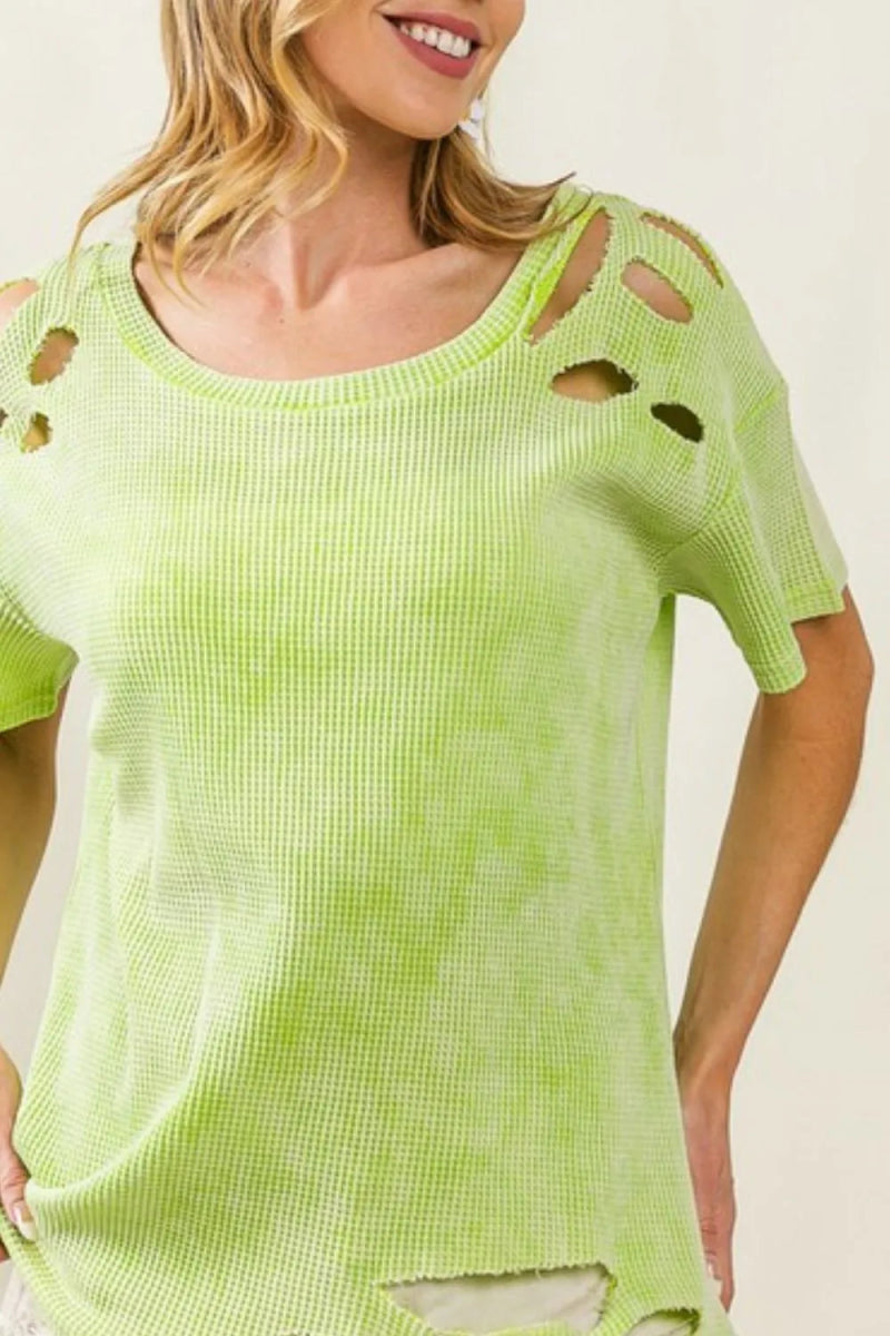 BiBi Laser Cut Mineral Washed Loose Fit Thermal Top for Women - Love Salve