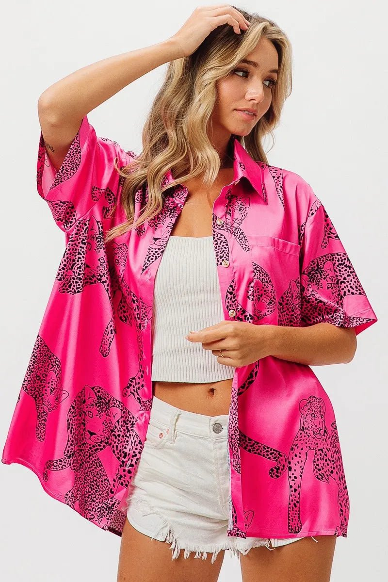 BiBi Leopard Print Short Sleeve Silky Satin Shirt Top - Love Salve