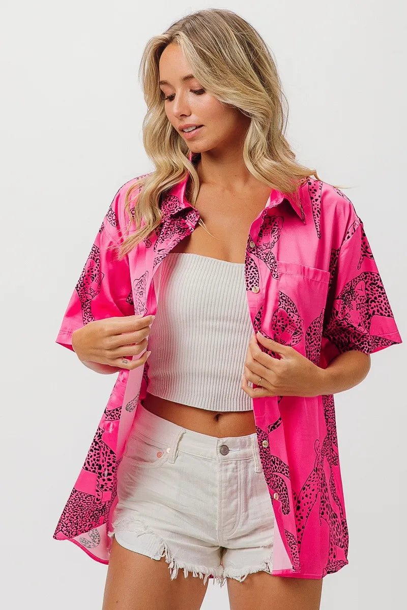 BiBi Leopard Print Short Sleeve Silky Satin Shirt Top - Love Salve