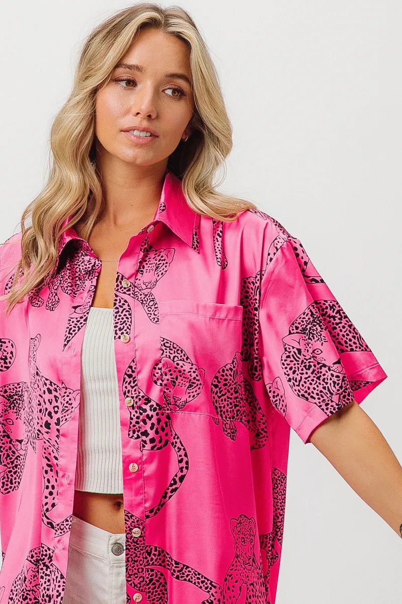 BiBi Leopard Print Short Sleeve Silky Satin Shirt Top - Love Salve