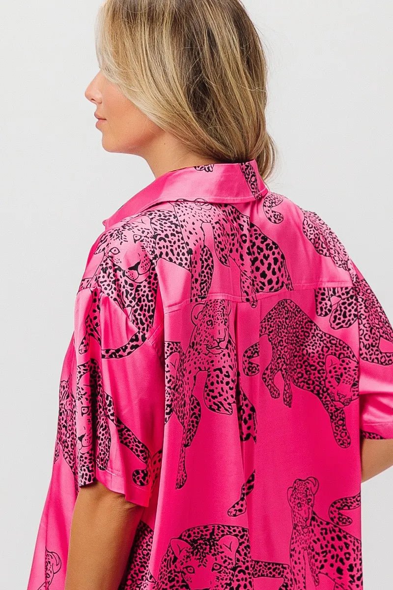 BiBi Leopard Print Short Sleeve Silky Satin Shirt Top - Love Salve