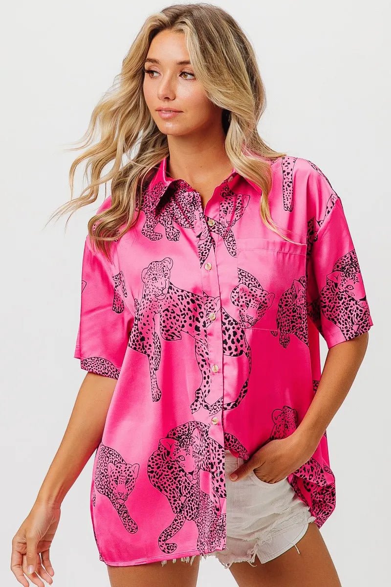BiBi Leopard Print Short Sleeve Silky Satin Shirt Top - Love Salve