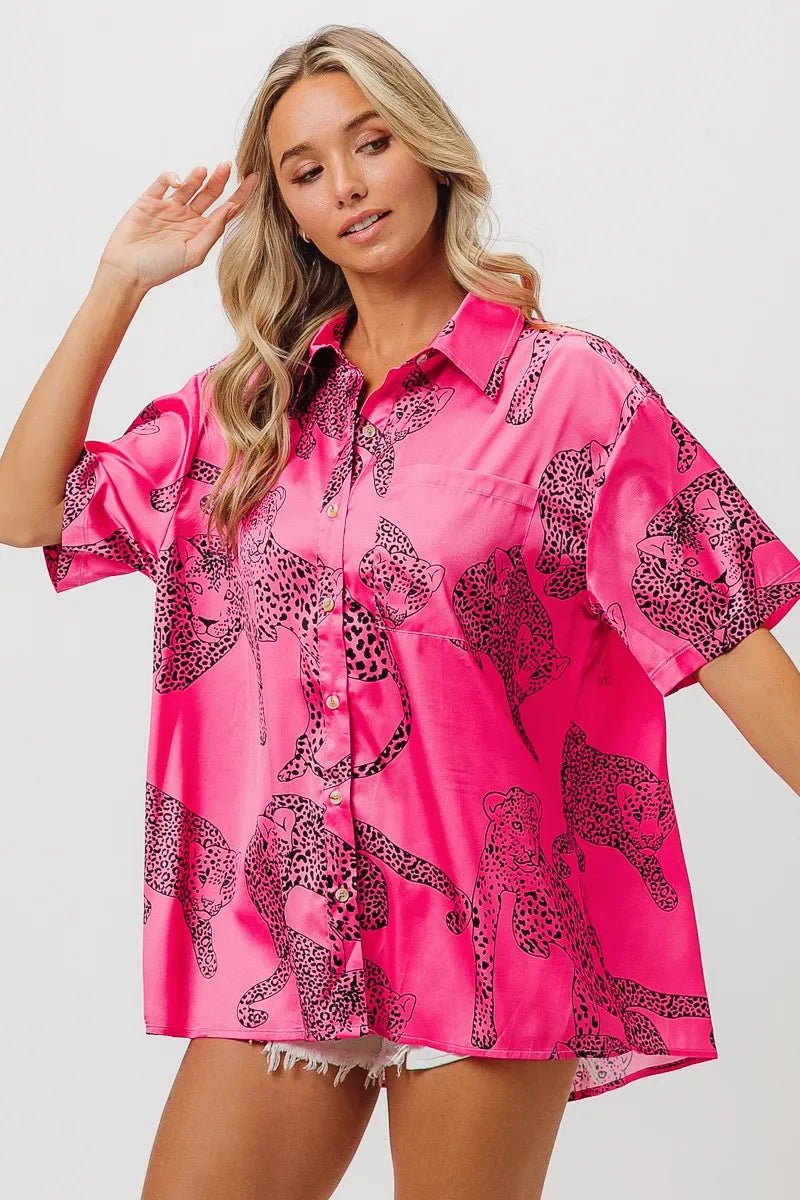 BiBi Leopard Print Short Sleeve Silky Satin Shirt Top - Love Salve