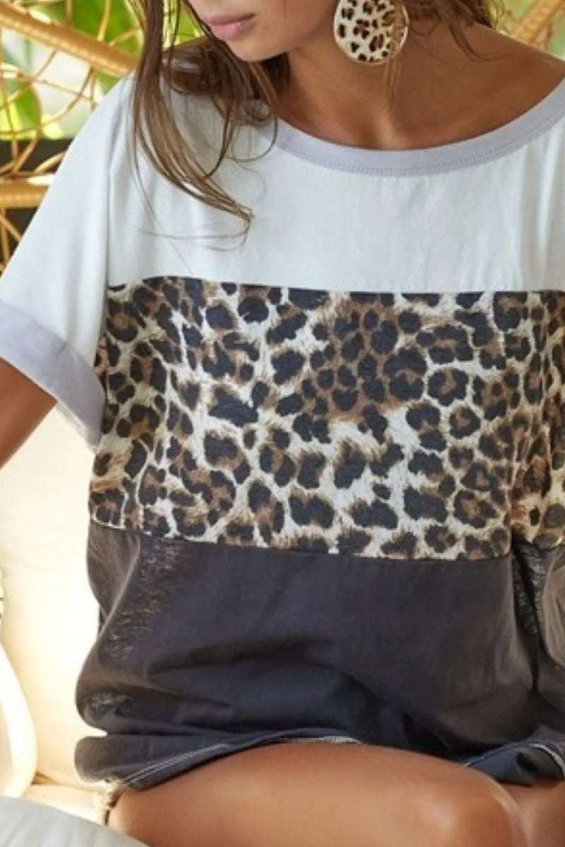 BiBi Leopard Printed Jersey Color Block Roll Up Top - Love Salve