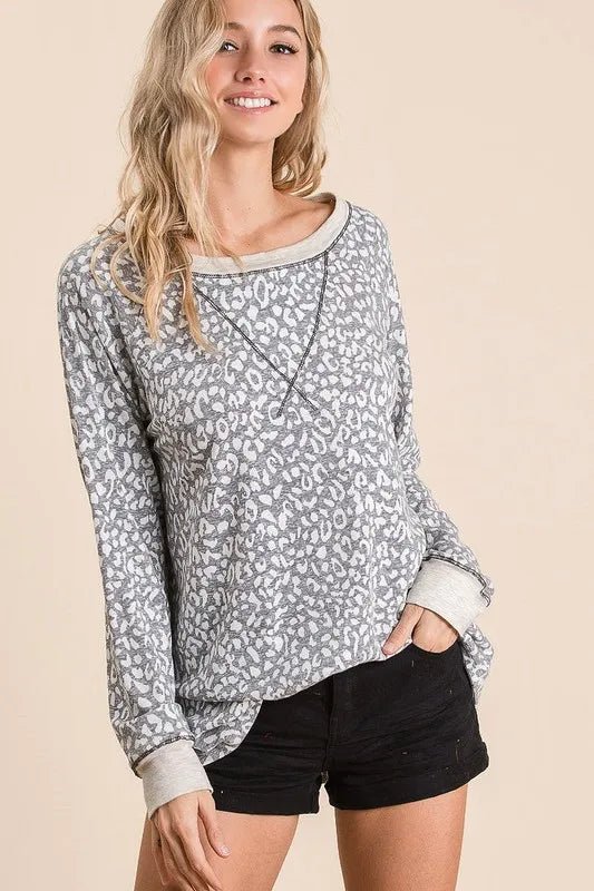 BiBi Leopard Round Neck Long Sleeve T-Shirt for Women - Love Salve