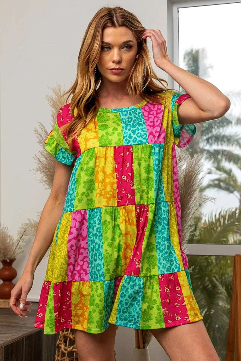 BiBi Leopard Short Sleeve Tiered Dress for Stylish Women - Love Salve