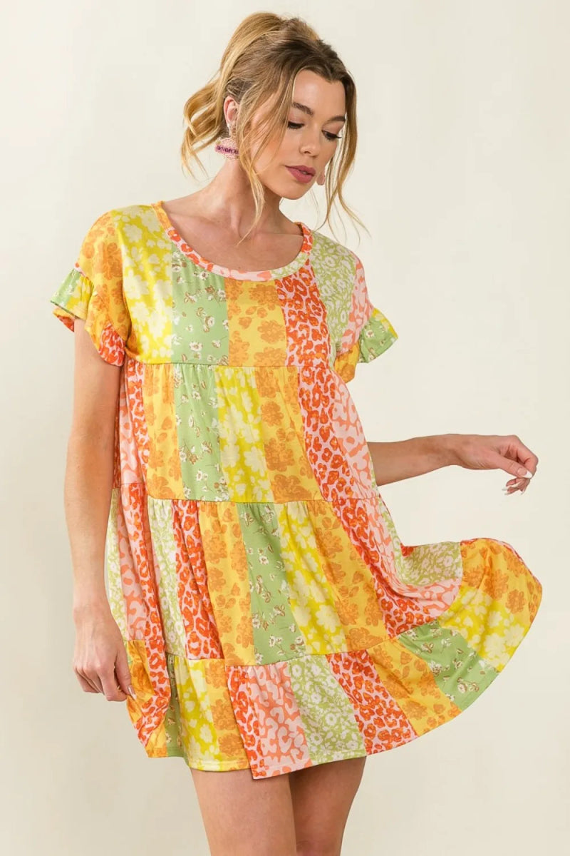 BiBi Leopard Short Sleeve Tiered Dress for Trendy Style - Love Salve