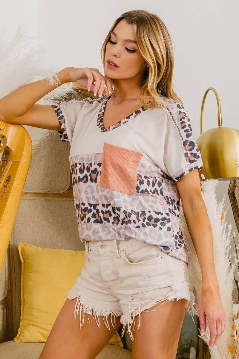 BiBi Leopard Stripe with Slub Terry Color Block T-Shirt - Love Salve