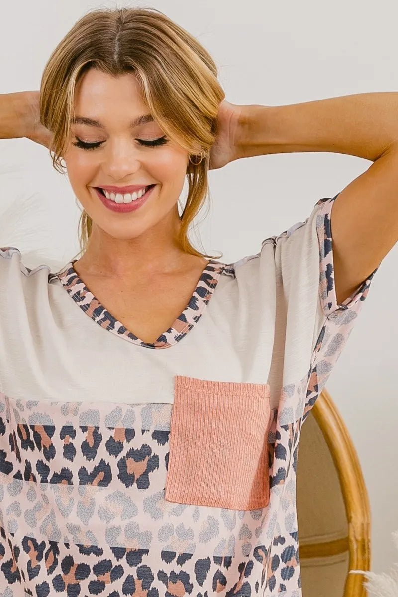 BiBi Leopard Stripe with Slub Terry Color Block T-Shirt - Love Salve