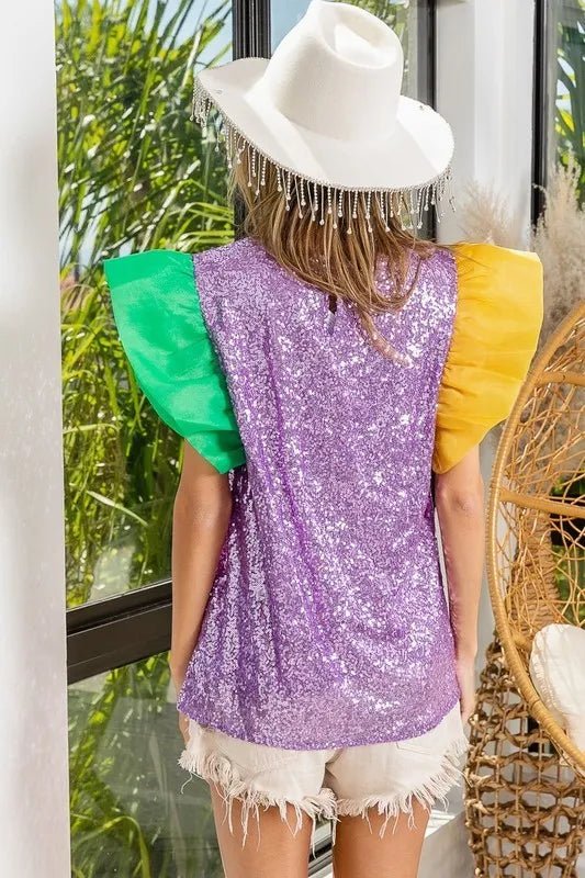 BiBi Mardi Gras Color Block Organza Sleeve Sequin Top - Love Salve