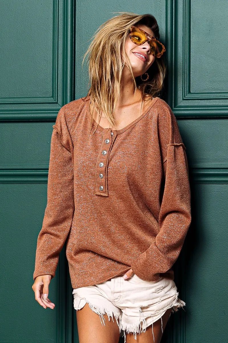 BiBi Mink Lurex Stitched Button Detail Top for Women - Love Salve