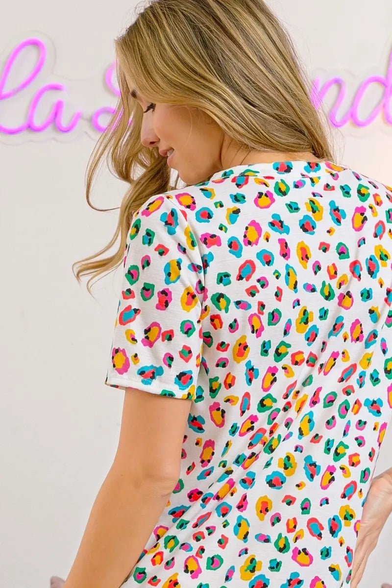 BiBi Multi Color Leopard Jersey Shirred V Neck Top For Women - Love Salve
