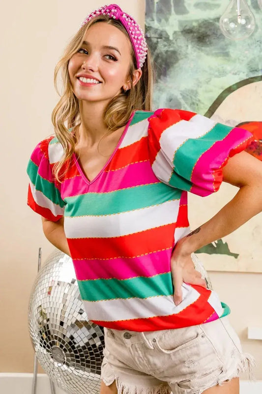 BiBi Multi Stripe Color Print Puff Sleeves V Neck Top - Love Salve