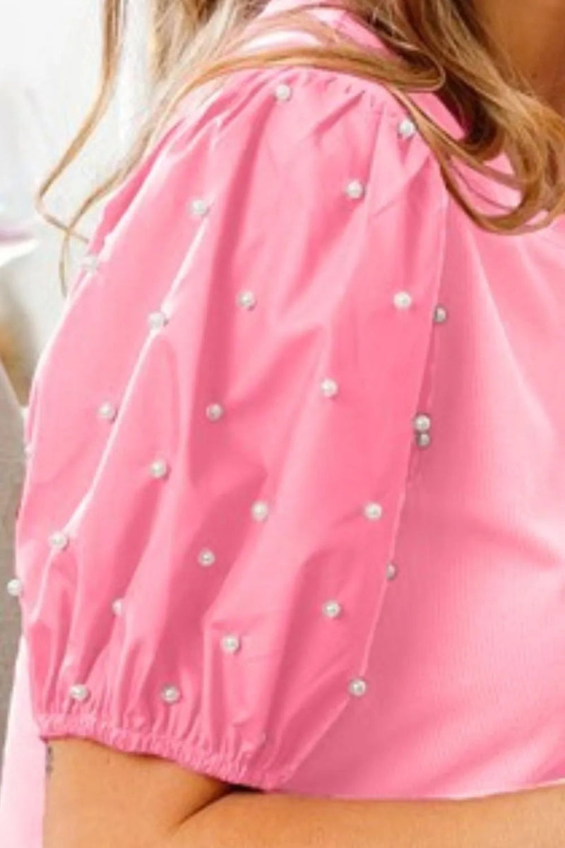 BiBi Pearl Beaded Short Puff Sleeve Top in Elegant Style - Love Salve