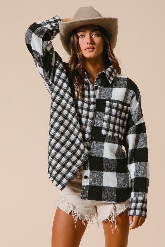 BiBi Plaid Fleece Button Down Long Sleeve Shirt for Women - Love Salve