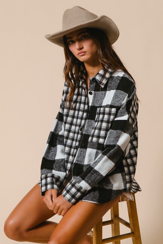 BiBi Plaid Fleece Button Down Long Sleeve Shirt for Women - Love Salve