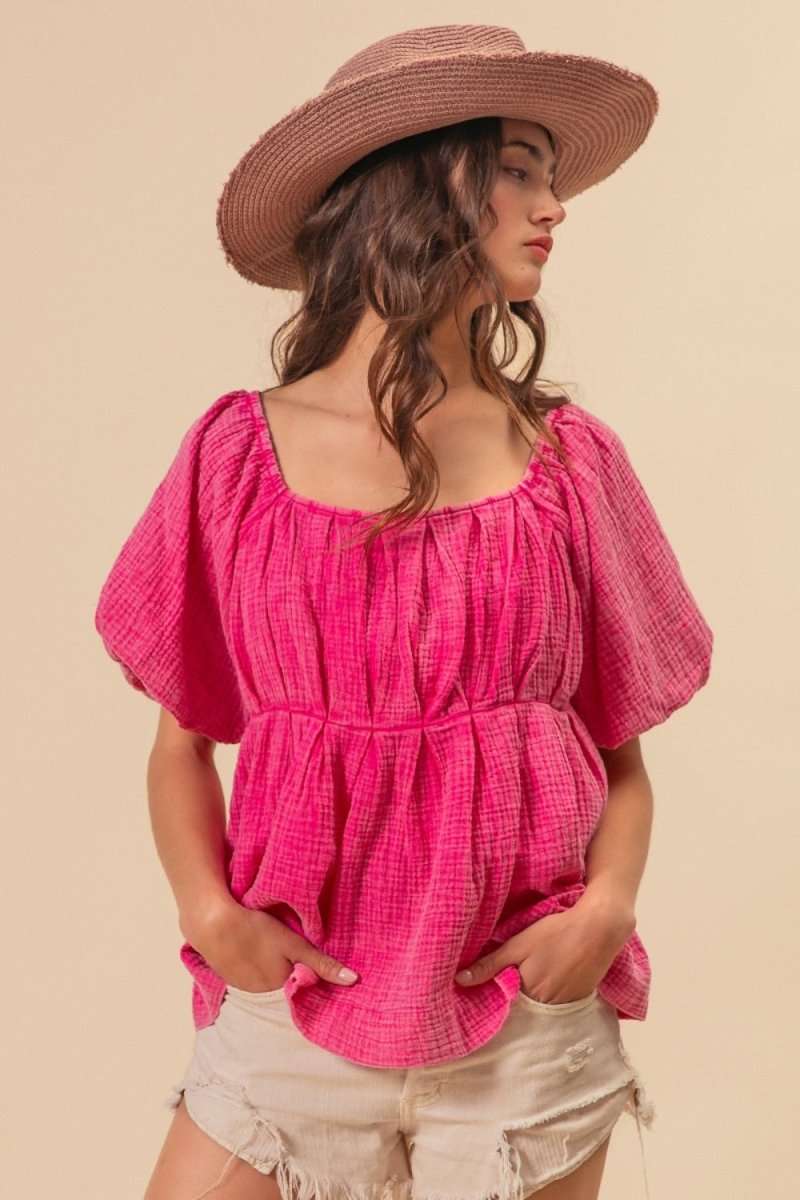 BiBi Pleated Puff Sleeve Washed Blouse for Elegant Style - Love Salve
