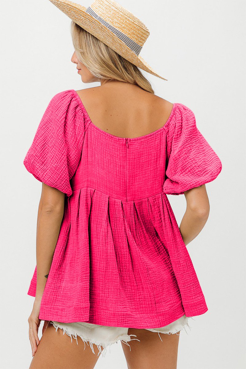 BiBi Pleated Puff Sleeve Washed Blouse for Elegant Style - Love Salve