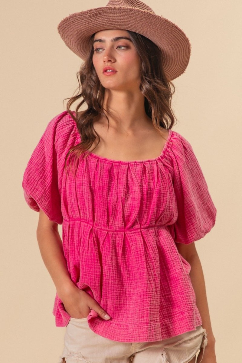BiBi Pleated Puff Sleeve Washed Blouse for Elegant Style - Love Salve