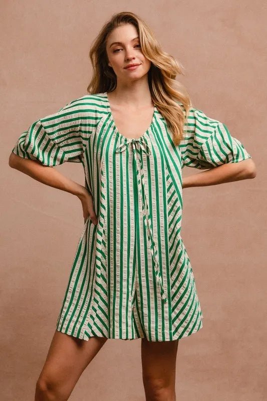 BiBi Puffy Sleeves Romper with Back Button Closure Dress - Love Salve
