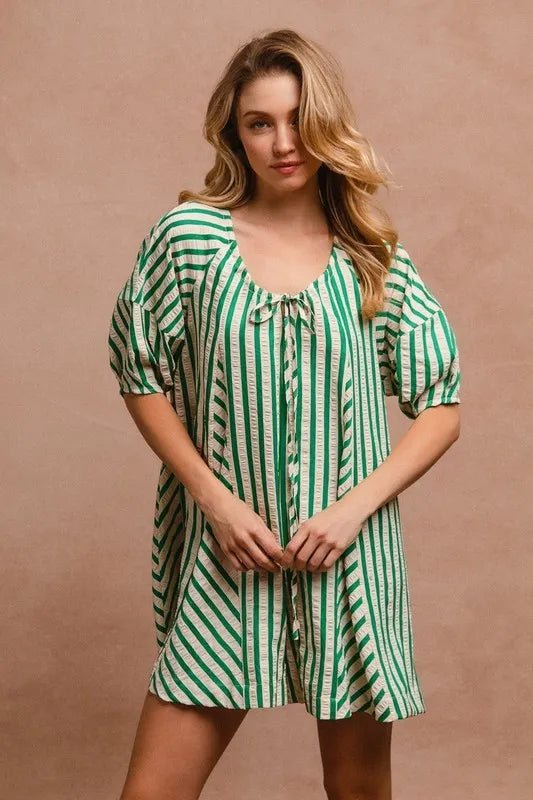 BiBi Puffy Sleeves Romper with Back Button Closure Dress - Love Salve