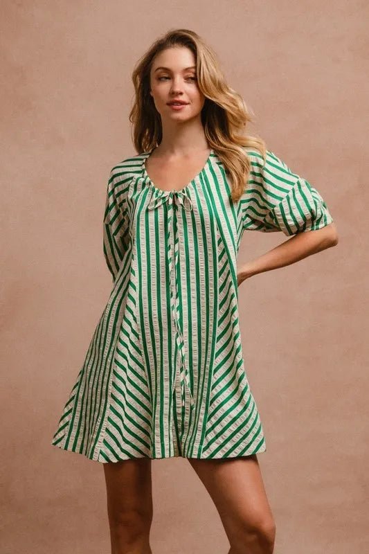 BiBi Puffy Sleeves Romper with Back Button Closure Dress - Love Salve