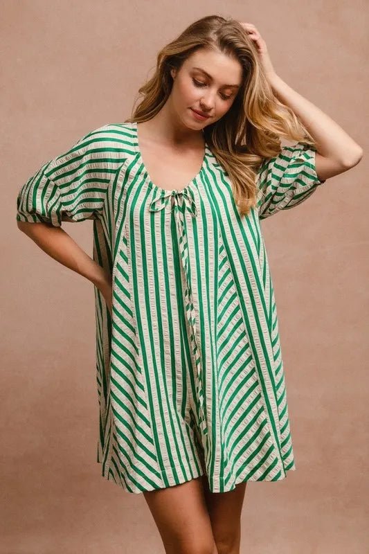 BiBi Puffy Sleeves Romper with Back Button Closure Dress - Love Salve