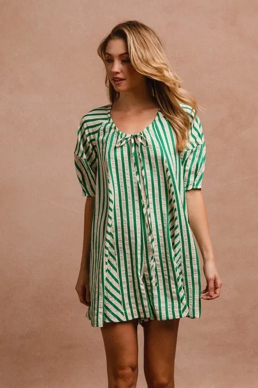 BiBi Puffy Sleeves Romper with Back Button Closure Dress - Love Salve