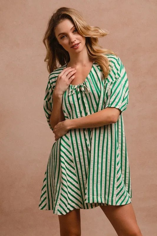 BiBi Puffy Sleeves Romper with Back Button Closure Dress - Love Salve