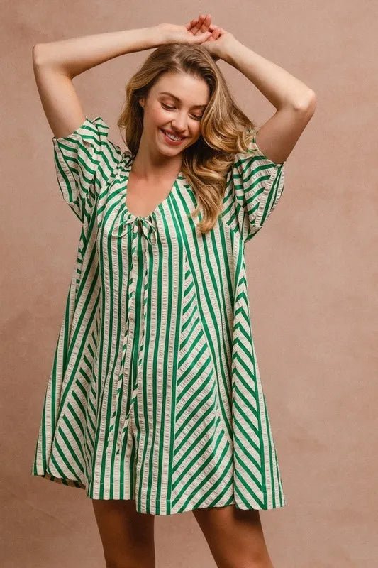 BiBi Puffy Sleeves Romper with Back Button Closure Dress - Love Salve