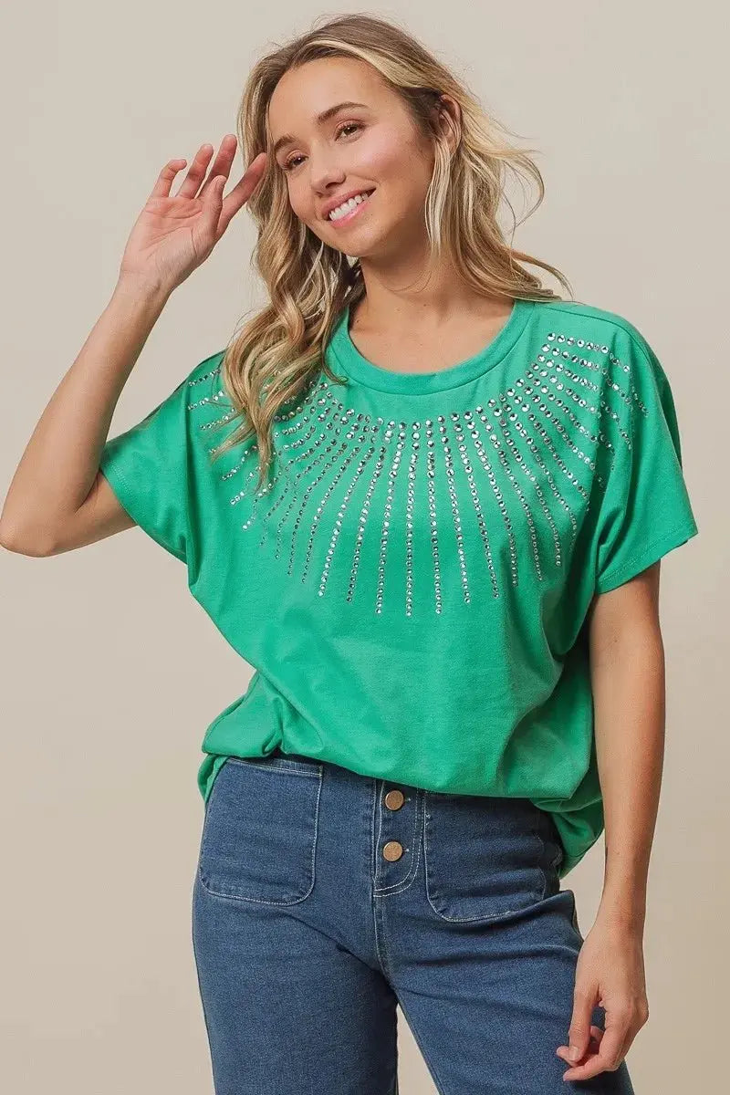 BiBi Rhinestone Beaded Short Sleeve Top - Love Salve