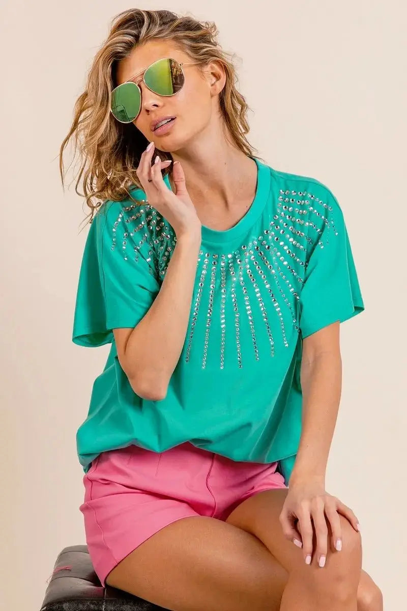 BiBi Rhinestone Beaded Short Sleeve Top - Love Salve