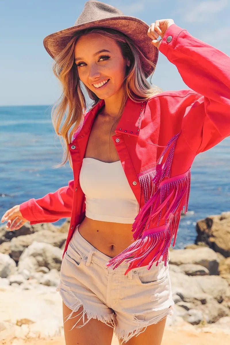BiBi Rhinestone Fringe with Studed Collar Jacket - Love Salve