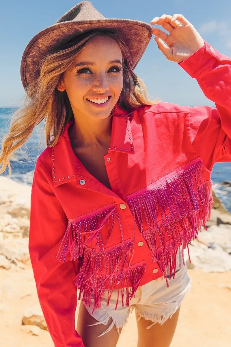 BiBi Rhinestone Fringe with Studed Collar Jacket - Love Salve