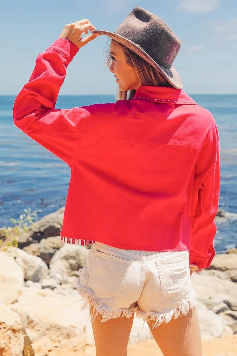 BiBi Rhinestone Fringe with Studed Collar Jacket - Love Salve