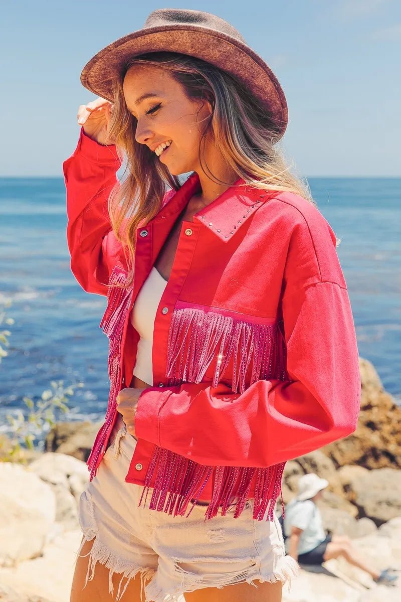 BiBi Rhinestone Fringe with Studed Collar Jacket - Love Salve