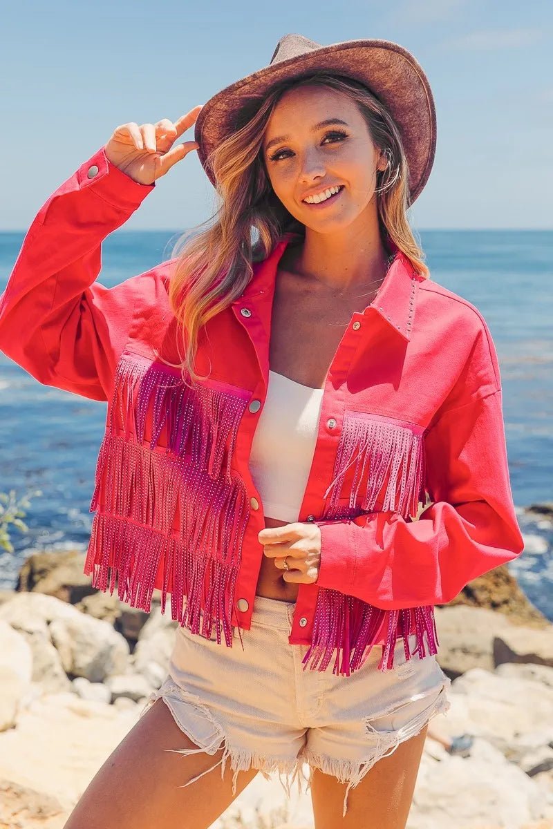 BiBi Rhinestone Fringe with Studed Collar Jacket - Love Salve