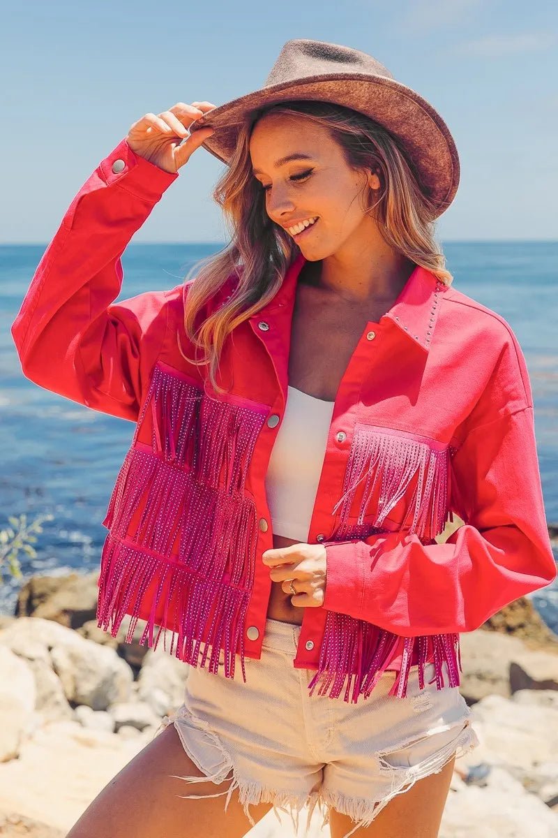 BiBi Rhinestone Fringe with Studed Collar Jacket - Love Salve